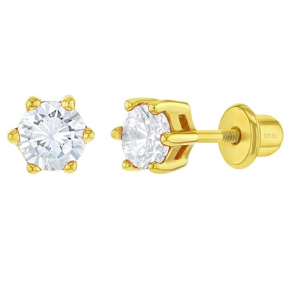 925 Sterling Silver Gold Plated CZ Prong Set Screw Back Earrings for Girls 4mm